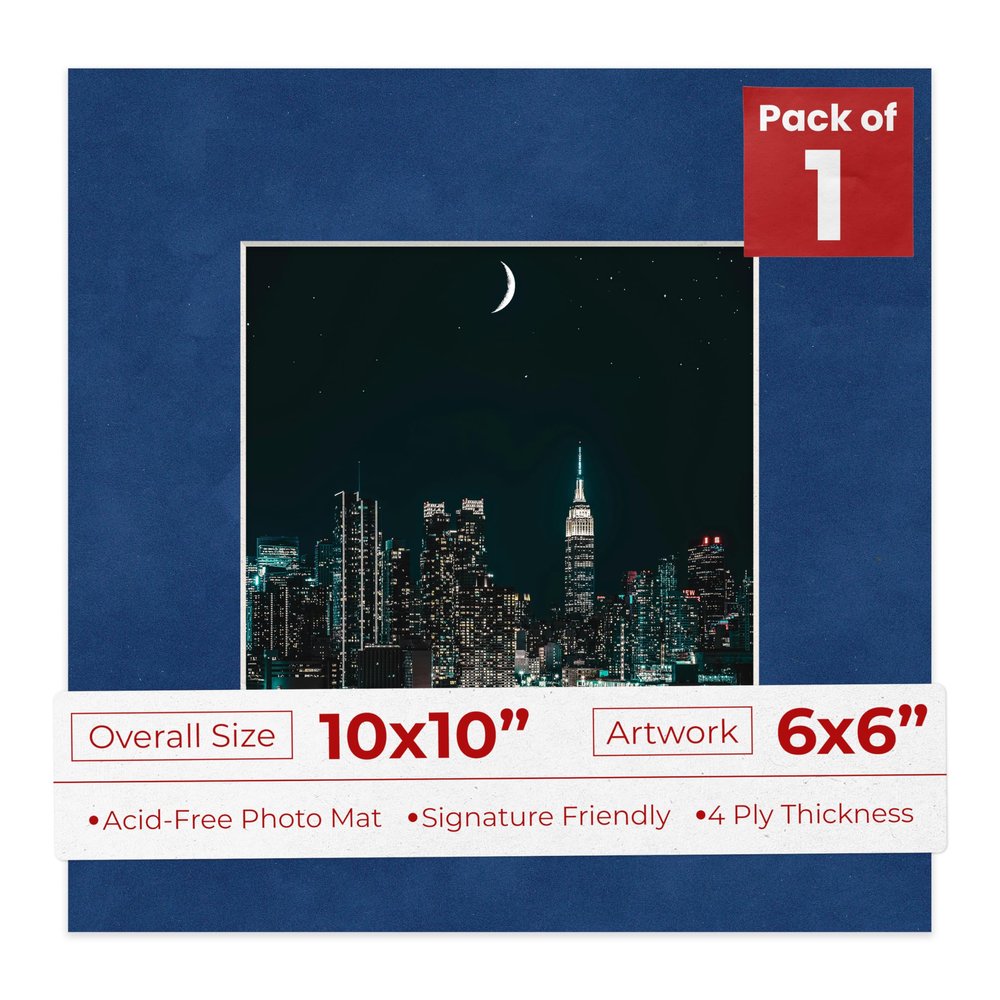 10x10 Mat Bevel Cut for 6x6 Photos - Precut Brooke Blue Suede Square Shaped Photo Mat Board Opening - Acid Free Matte to Protect Your Pictures - Bevel Cut for Family Photos, Pack of 1 Matboard