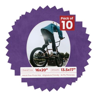 16x20 Mat Bevel Cut for 13.5x17 Photos - Precut Purple Crocus Suede Oval Shaped Photo Mat Board Opening - Acid Free Matte to Protect Your Pictures - Bevel Cut for Family Photos, Pack of 10 Matboards
