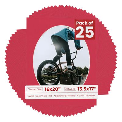 16x20 Mat Bevel Cut for 13.5x17 Photos - Precut Deep Red Oval Shaped Photo Mat Board Opening - Acid Free Matte to Protect Your Pictures - Bevel Cut for Family Photos, Pack of 25 Matboards