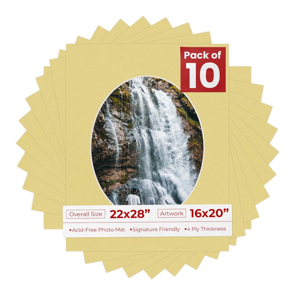 22x28 Mat Bevel Cut for 16x20 Photos - Precut Soft Yellow Oval Shaped Photo Mat Board Opening - Acid Free Matte to Protect Your Pictures - Bevel Cut for Family Photos, Pack of 10 Matboards