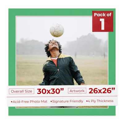 30x30 Mat Bevel Cut for 26x26 Photos - Precut Bright Green Square Shaped Photo Mat Board Opening - Acid Free Matte to Protect Your Pictures - Bevel Cut for Family Photos, Pack of 1 Matboard