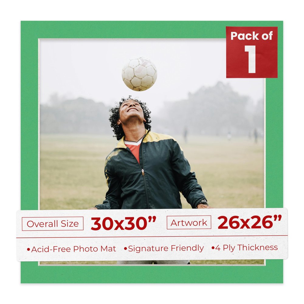 30x30 Mat Bevel Cut for 26x26 Photos - Precut Bright Green Square Shaped Photo Mat Board Opening - Acid Free Matte to Protect Your Pictures - Bevel Cut for Family Photos, Pack of 1 Matboard
