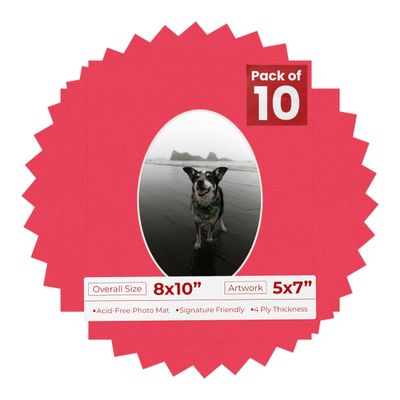 8x10 Mat Bevel Cut for 5x7 Photos - Precut Cardinal Red Oval Shaped Photo Mat Board Opening - Acid Free Matte to Protect Your Pictures - Bevel Cut for Family Photos, Pack of 10 Matboards