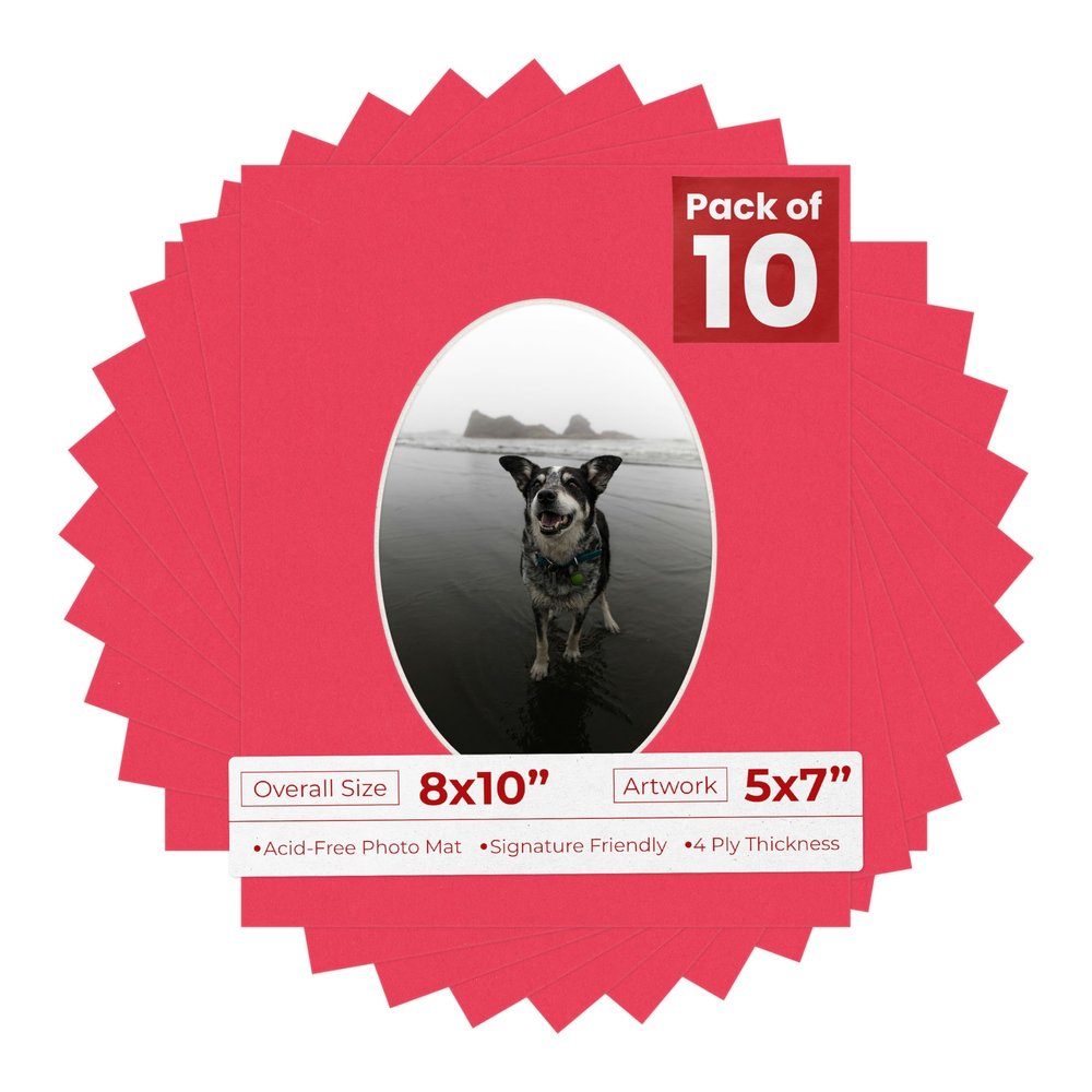 8x10 Mat Bevel Cut for 5x7 Photos - Precut Cardinal Red Oval Shaped Photo Mat Board Opening - Acid Free Matte to Protect Your Pictures - Bevel Cut for Family Photos, Pack of 10 Matboards