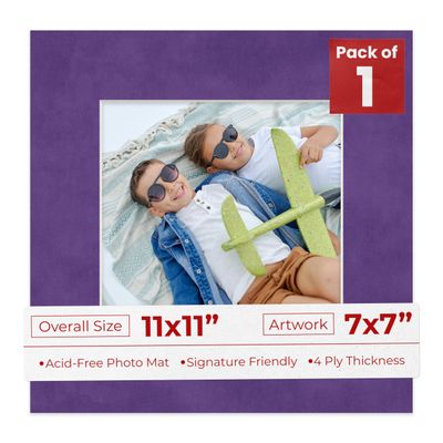 11x11 Mat Bevel Cut for 7x7 Photos - Precut Purple Crocus Suede Square Shaped Photo Mat Board Opening - Acid Free Matte to Protect Your Pictures - Bevel Cut for Family Photos, Pack of 1 Matboard