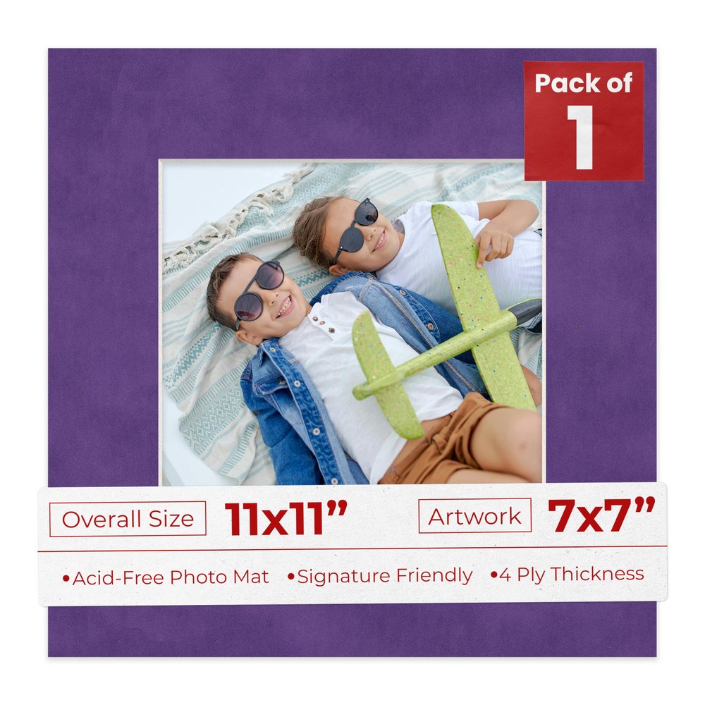 11x11 Mat Bevel Cut for 7x7 Photos - Precut Purple Crocus Suede Square Shaped Photo Mat Board Opening - Acid Free Matte to Protect Your Pictures - Bevel Cut for Family Photos, Pack of 1 Matboard