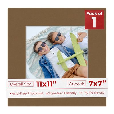 11x11 Mat Bevel Cut for 7x7 Photos - Precut Aged Oak Brown Square Shaped Photo Mat Board Opening - Acid Free Matte to Protect Your Pictures - Bevel Cut for Family Photos, Pack of 1 Matboard