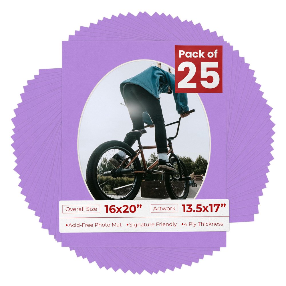 16x20 Mat Bevel Cut for 13.5x17 Photos - Precut Light Purple Oval Shaped Photo Mat Board Opening - Acid Free Matte to Protect Your Pictures - Bevel Cut for Family Photos, Pack of 25 Matboards