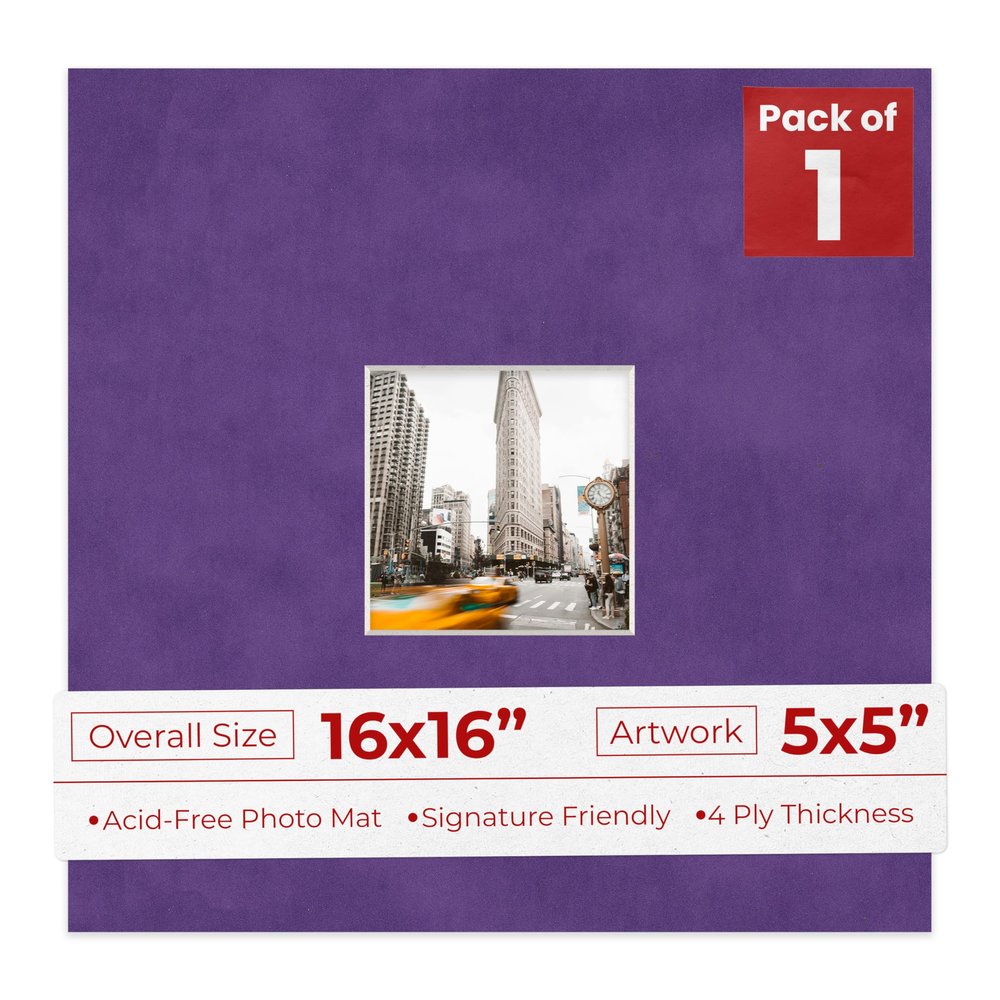 16x16 Mat Bevel Cut for 5x5 Photos - Precut Purple Crocus Suede Square Shaped Photo Mat Board Opening - Acid Free Matte to Protect Your Pictures - Bevel Cut for Family Photos, Pack of 1 Matboard