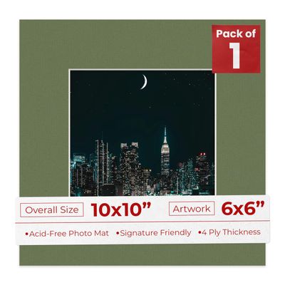 10x10 Mat Bevel Cut for 6x6 Photos - Precut Dill Green Square Shaped Photo Mat Board Opening - Acid Free Matte to Protect Your Pictures - Bevel Cut for Family Photos, Pack of 1 Matboard