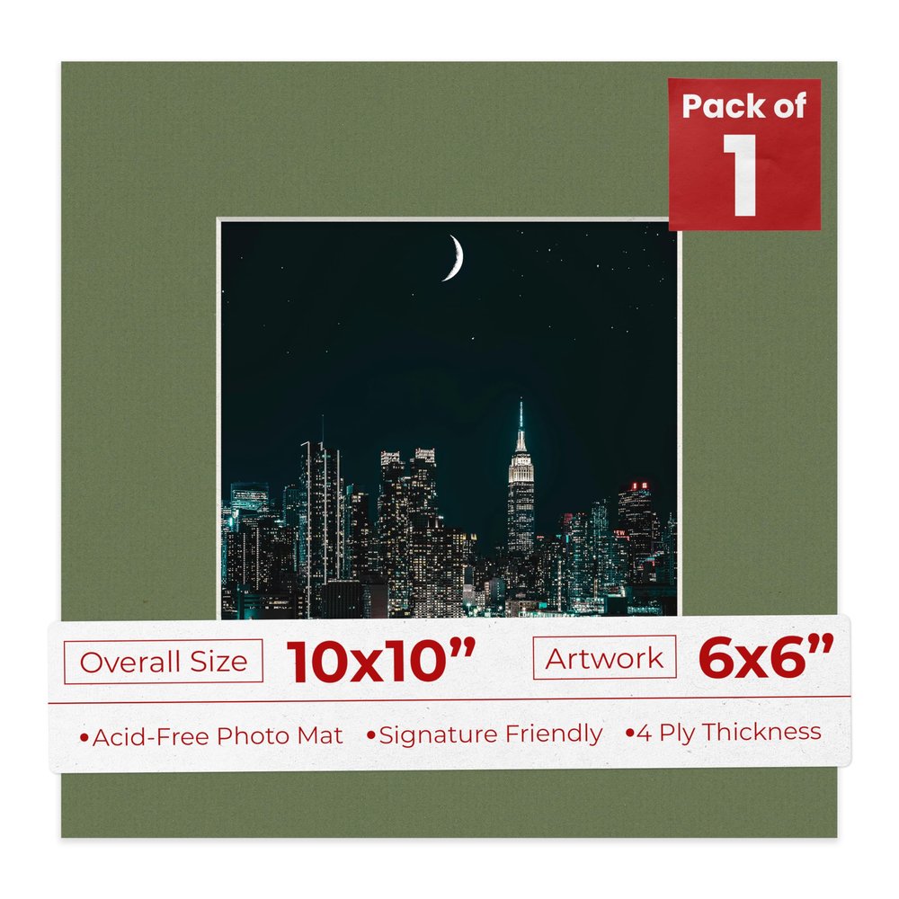 10x10 Mat Bevel Cut for 6x6 Photos - Precut Dill Green Square Shaped Photo Mat Board Opening - Acid Free Matte to Protect Your Pictures - Bevel Cut for Family Photos, Pack of 1 Matboard