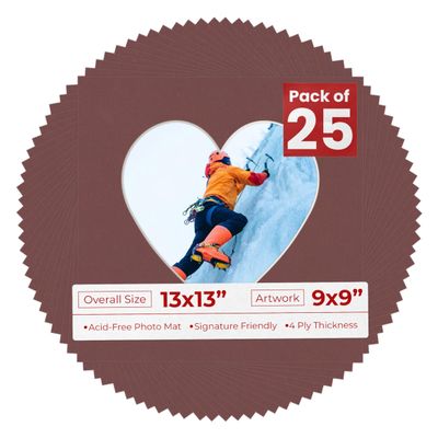 13x13 Mat Bevel Cut for 9x9 Photos - Precut Maroon Heart Shaped Photo Mat Board Opening - Acid Free Matte to Protect Your Pictures - Bevel Cut for Family Photos, Pack of 25 Matboards