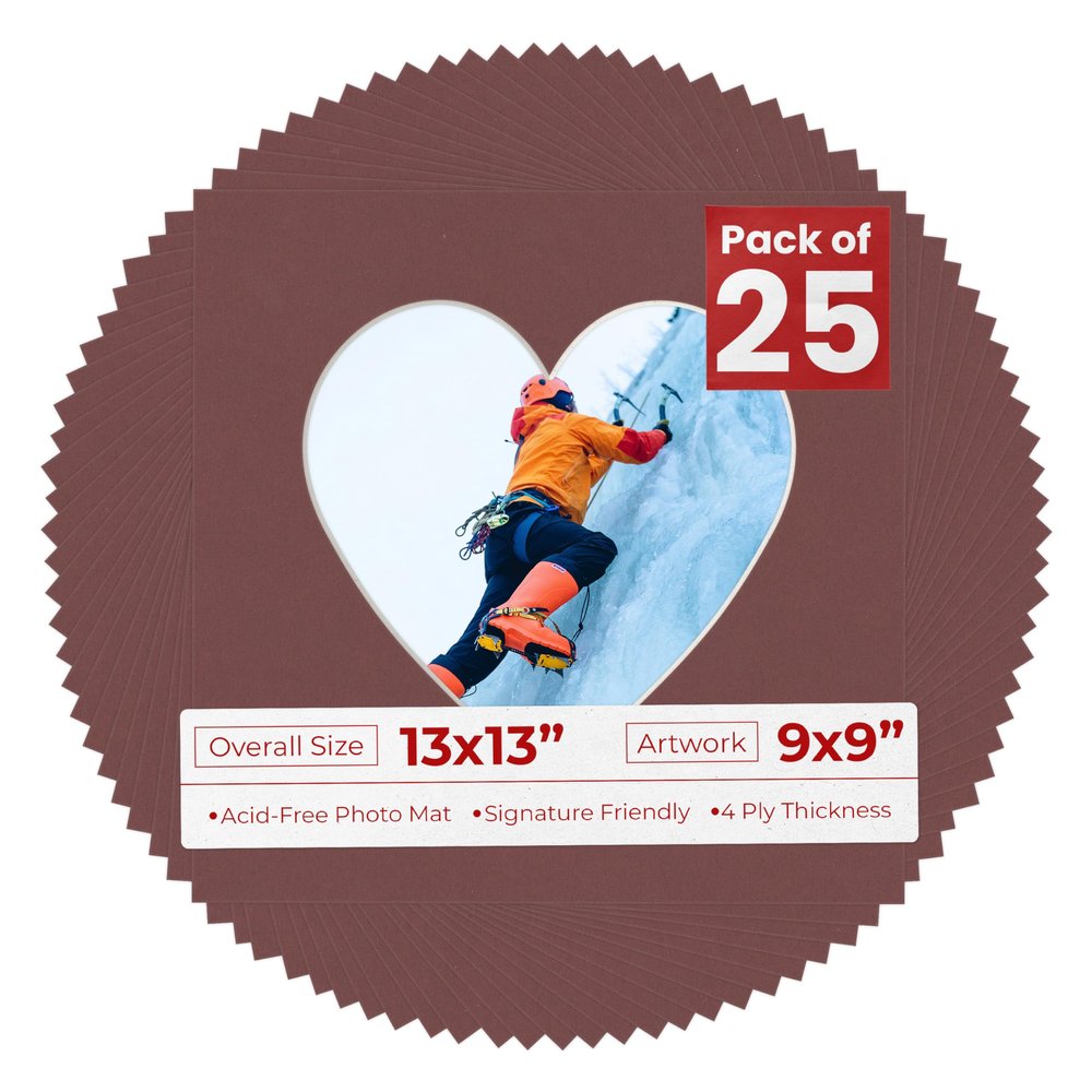 13x13 Mat Bevel Cut for 9x9 Photos - Precut Maroon Heart Shaped Photo Mat Board Opening - Acid Free Matte to Protect Your Pictures - Bevel Cut for Family Photos, Pack of 25 Matboards