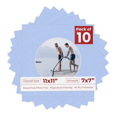 11x11 Mat Bevel Cut for 7x7 Photos - Precut Baby Blue Circle Shaped Photo Mat Board Opening - Acid Free Matte to Protect Your Pictures - Bevel Cut for Family Photos, Pack of 10 Matboards