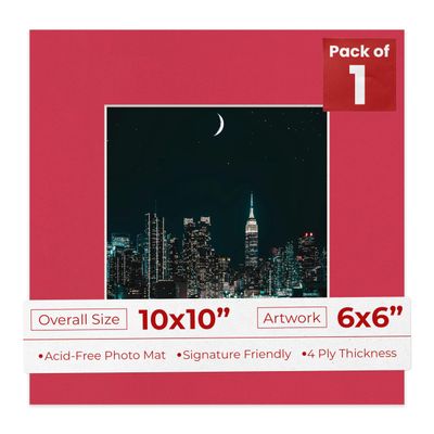 Poster Palooza 10x10 Mat Bevel Cut for 6x6 Photos - Precut Deep Red Square Shaped Photo Mat Board Opening - Acid Free Matte to Protect Your Pictures - Bevel Cut for Family Photos, Pack of 1 Matboard