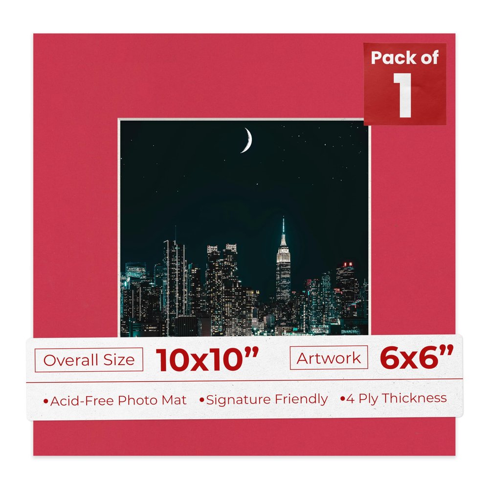 Poster Palooza 10x10 Mat Bevel Cut for 6x6 Photos - Precut Deep Red Square Shaped Photo Mat Board Opening - Acid Free Matte to Protect Your Pictures - Bevel Cut for Family Photos, Pack of 1 Matboard