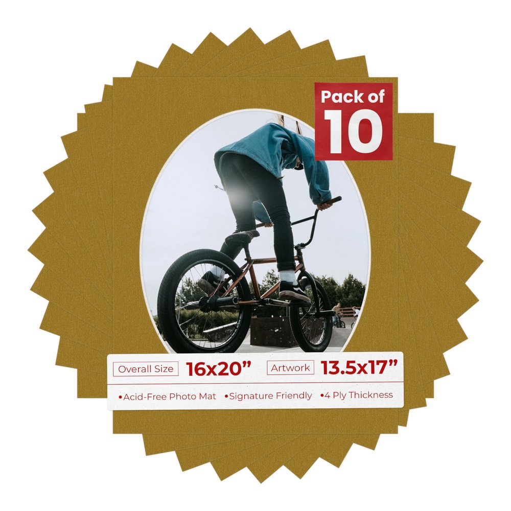 16x20 Mat Bevel Cut for 13.5x17 Photos - Precut Metallic Gold Oval Shaped Photo Mat Board Opening - Acid Free Matte to Protect Your Pictures - Bevel Cut for Family Photos, Pack of 10 Matboards