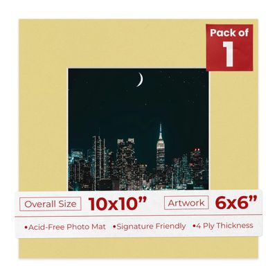10x10 Mat Bevel Cut for 6x6 Photos - Precut Soft Yellow Square Shaped Photo Mat Board Opening - Acid Free Matte to Protect Your Pictures - Bevel Cut for Family Photos, Pack of 1 Matboard