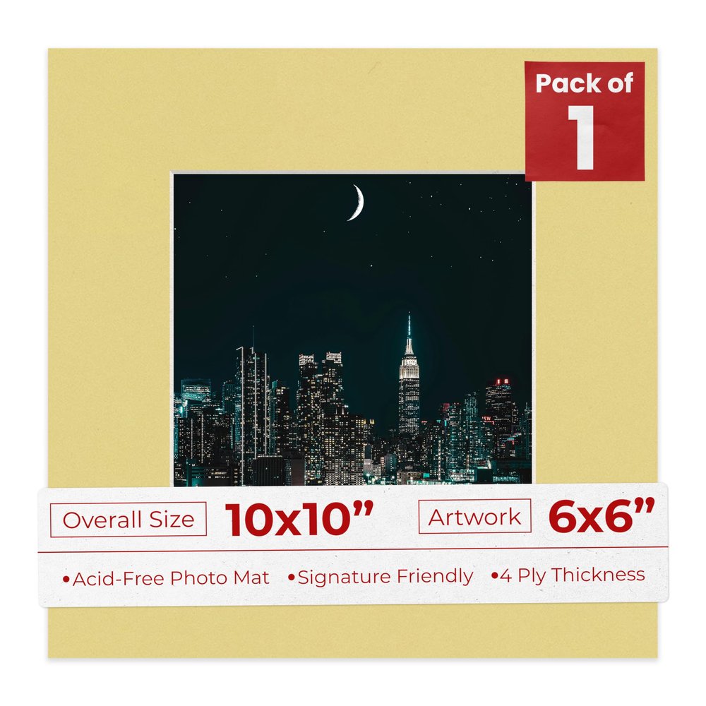 10x10 Mat Bevel Cut for 6x6 Photos - Precut Soft Yellow Square Shaped Photo Mat Board Opening - Acid Free Matte to Protect Your Pictures - Bevel Cut for Family Photos, Pack of 1 Matboard