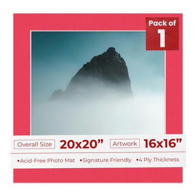 20x20 Mat Bevel Cut for 16x16 Photos - Precut Cardinal Red Square Shaped Photo Mat Board Opening - Acid Free Matte to Protect Your Pictures - Bevel Cut for Family Photos, Pack of 1 Matboard
