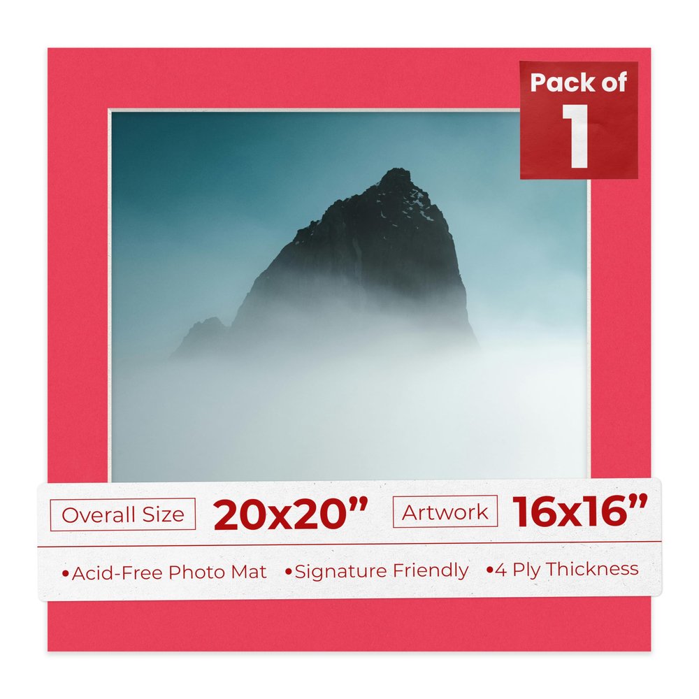 20x20 Mat Bevel Cut for 16x16 Photos - Precut Cardinal Red Square Shaped Photo Mat Board Opening - Acid Free Matte to Protect Your Pictures - Bevel Cut for Family Photos, Pack of 1 Matboard