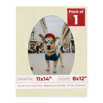 11x14 Mat Bevel Cut for 8x12 Photos - Precut Fresh Linen Canvas Oval Shaped Photo Mat Board Opening - Acid Free Matte to Protect Your Pictures - Bevel Cut for Family Photos, Pack of 1 Matboard