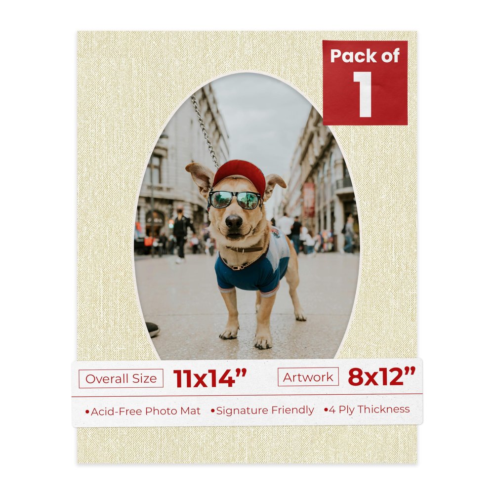 11x14 Mat Bevel Cut for 8x12 Photos - Precut Fresh Linen Canvas Oval Shaped Photo Mat Board Opening - Acid Free Matte to Protect Your Pictures - Bevel Cut for Family Photos, Pack of 1 Matboard