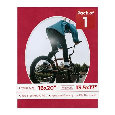 16x20 Mat Bevel Cut for 13.5x17 Photos - Precut Bright Red Suede Oval Shaped Photo Mat Board Opening - Acid Free Matte to Protect Your Pictures - Bevel Cut for Family Photos, Pack of 1 Matboard