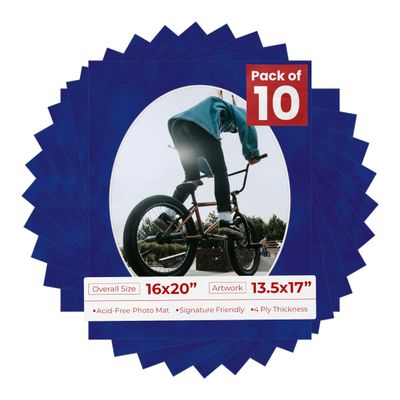 16x20 Mat Bevel Cut for 13.5x17 Photos - Precut Royal Blue Suede Oval Shaped Photo Mat Board Opening - Acid Free Matte to Protect Your Pictures - Bevel Cut for Family Photos, Pack of 10 Matboards