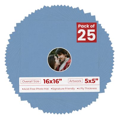 16x16 Mat Bevel Cut for 5x5 Photos - Precut Brittany Blue Circle Shaped Photo Mat Board Opening - Acid Free Matte to Protect Your Pictures - Bevel Cut for Family Photos, Pack of 25 Matboards