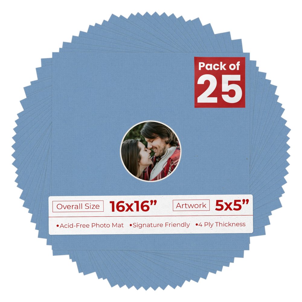16x16 Mat Bevel Cut for 5x5 Photos - Precut Brittany Blue Circle Shaped Photo Mat Board Opening - Acid Free Matte to Protect Your Pictures - Bevel Cut for Family Photos, Pack of 25 Matboards