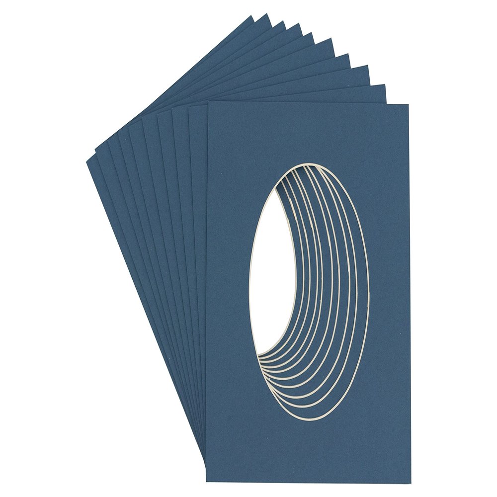 6x9 Mat Bevel Cut for 4x6 Photos - Precut Steel Blue Oval Shaped Photo Mat Board Opening - Acid Free Matte to Protect Your Pictures - Bevel Cut for Family Photos, Pack of 25 Matboards