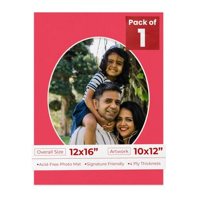 12x16 Mat Bevel Cut for 10x12 Photos - Precut Cardinal Red Oval Shaped Photo Mat Board Opening - Acid Free Matte to Protect Your Pictures - Bevel Cut for Family Photos, Pack of 1 Matboard