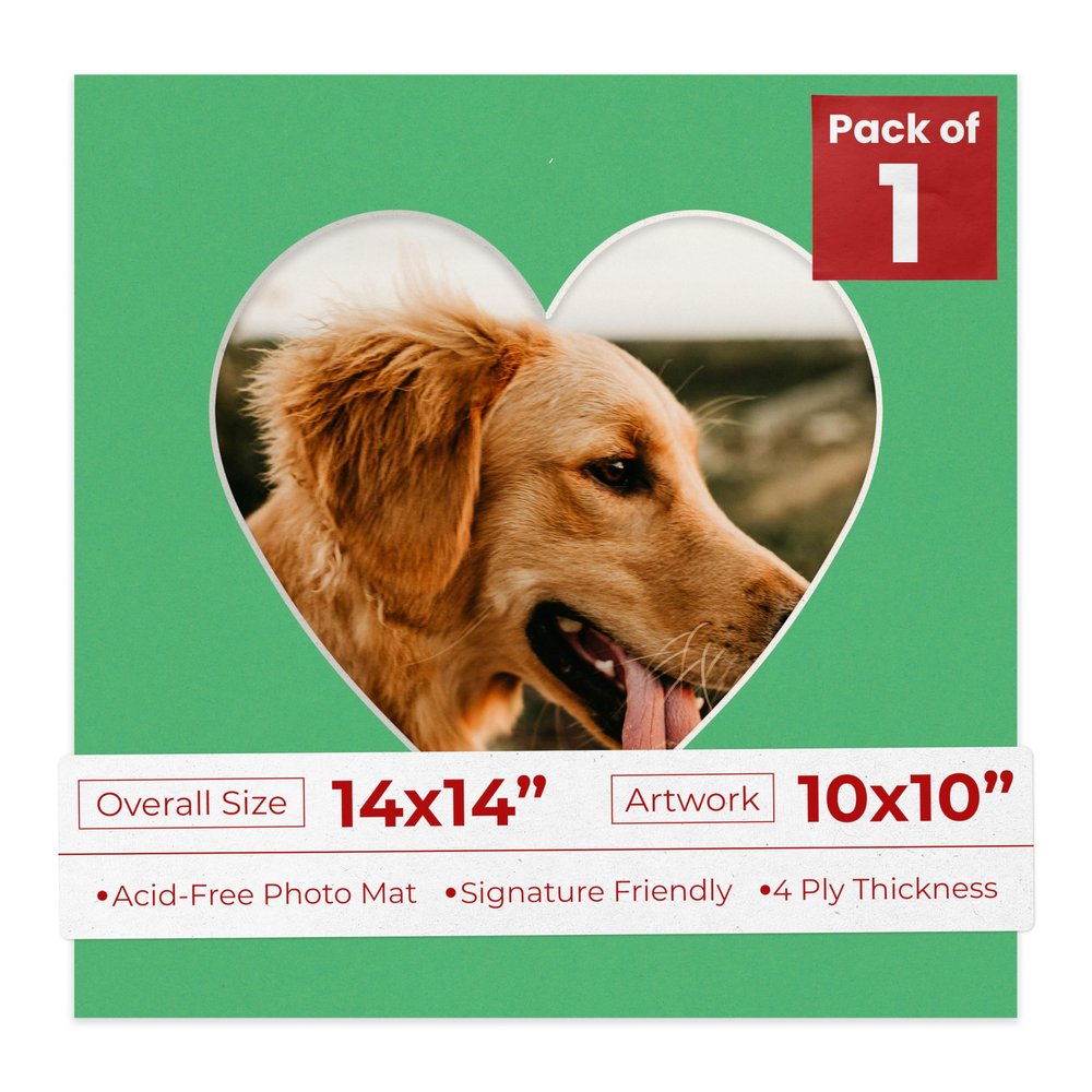 14x14 Mat Bevel Cut for 10x10 Photos - Precut Bright Green Heart Shaped Photo Mat Board Opening - Acid Free Matte to Protect Your Pictures - Bevel Cut for Family Photos, Pack of 1 Matboard