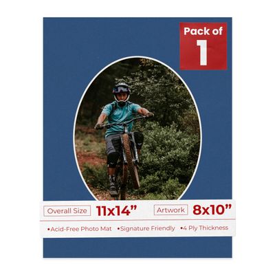 11x14 Mat Bevel Cut for 8x10 Photos - Precut Bottle Blue Oval Shaped Photo Mat Board Opening - Acid Free Matte to Protect Your Pictures - Bevel Cut for Family Photos, Pack of 1 Matboard