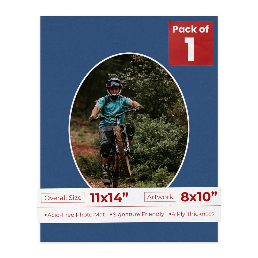 11x14 Mat Bevel Cut for 8x10 Photos - Precut Bottle Blue Oval Shaped Photo Mat Board Opening - Acid Free Matte to Protect Your Pictures - Bevel Cut for Family Photos, Pack of 1 Matboard