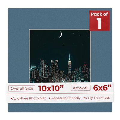 10x10 Mat Bevel Cut for 6x6 Photos - Precut Steel Blue Square Shaped Photo Mat Board Opening - Acid Free Matte to Protect Your Pictures - Bevel Cut for Family Photos, Pack of 1 Matboard