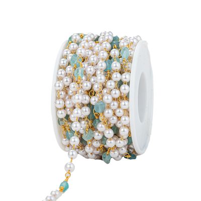 YoungJewl 2 Yards 5 mm Faux Pearl Crystal Stone Rosary Beads Garland with Brass Chain for Jewelry Making DIY Bracelet Necklace Sewing Crafts(Lake Blue)