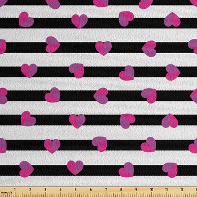 Ambesonne Minimal Faux Suede Fabric by The Yard, Valentines Day Theme on Horizontal Stripes with Hearts Love Graphic, for Indoor Outdoor DIY Projects Upholstery, 10 Yards, Magenta and Charcoal Grey