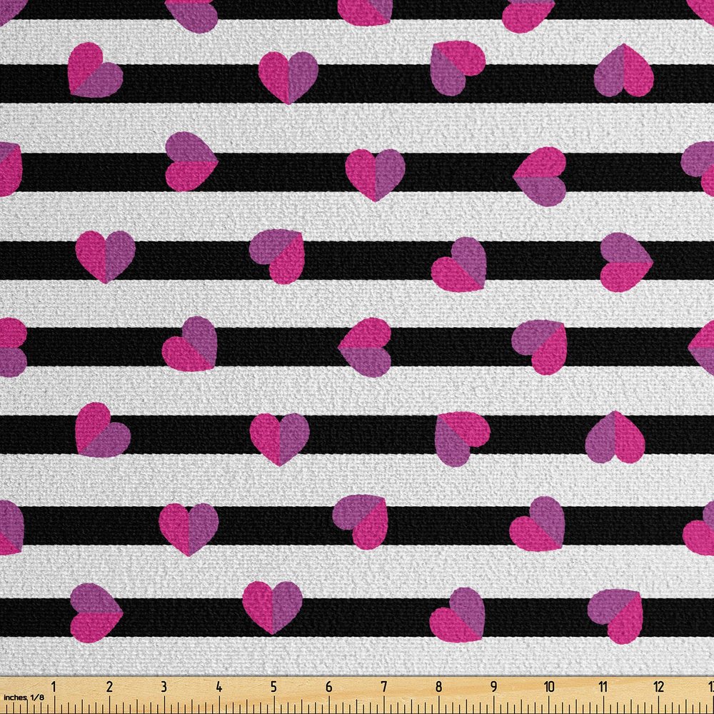 Ambesonne Minimal Faux Suede Fabric by The Yard, Valentines Day Theme on Horizontal Stripes with Hearts Love Graphic, for Indoor Outdoor DIY Projects Upholstery, 10 Yards, Magenta and Charcoal Grey