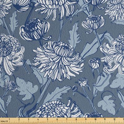 Ambesonne Floral Faux Suede Fabric by The Yard, Sketch of Chrysanthemums with Buds and Leaves, for Indoor Outdoor DIY Projects Upholstery, 5 Yards, Blue Grey Slate Blue