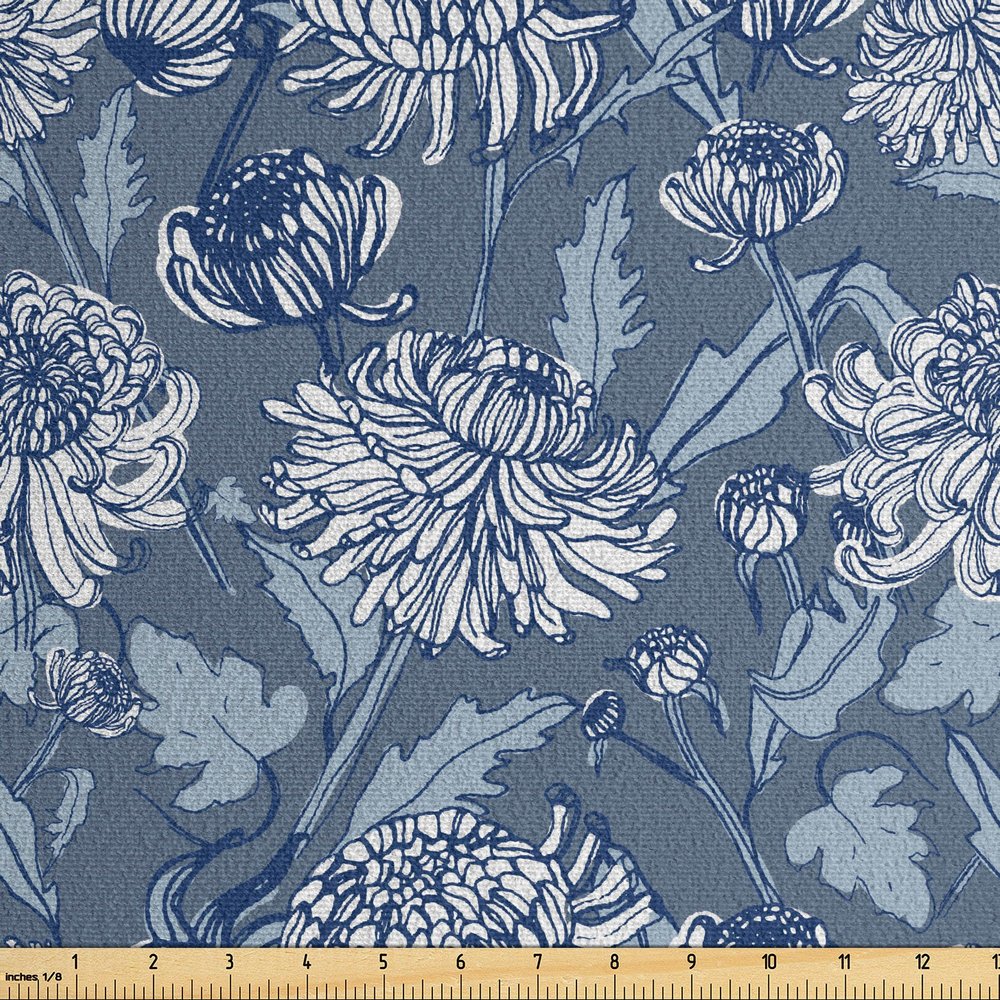 Ambesonne Floral Faux Suede Fabric by The Yard, Sketch of Chrysanthemums with Buds and Leaves, for Indoor Outdoor DIY Projects Upholstery, 5 Yards, Blue Grey Slate Blue