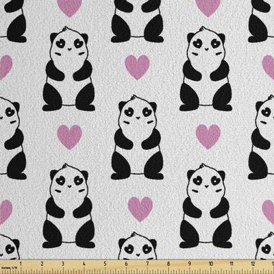 Ambesonne Valentine's Day Faux Suede Fabric by The Yard, Romantic Pandas Hearts Doodle Love Theme Art Pattern, for Indoor Outdoor DIY Projects Upholstery, 5 Yards, Charcoal Grey Pink and White
