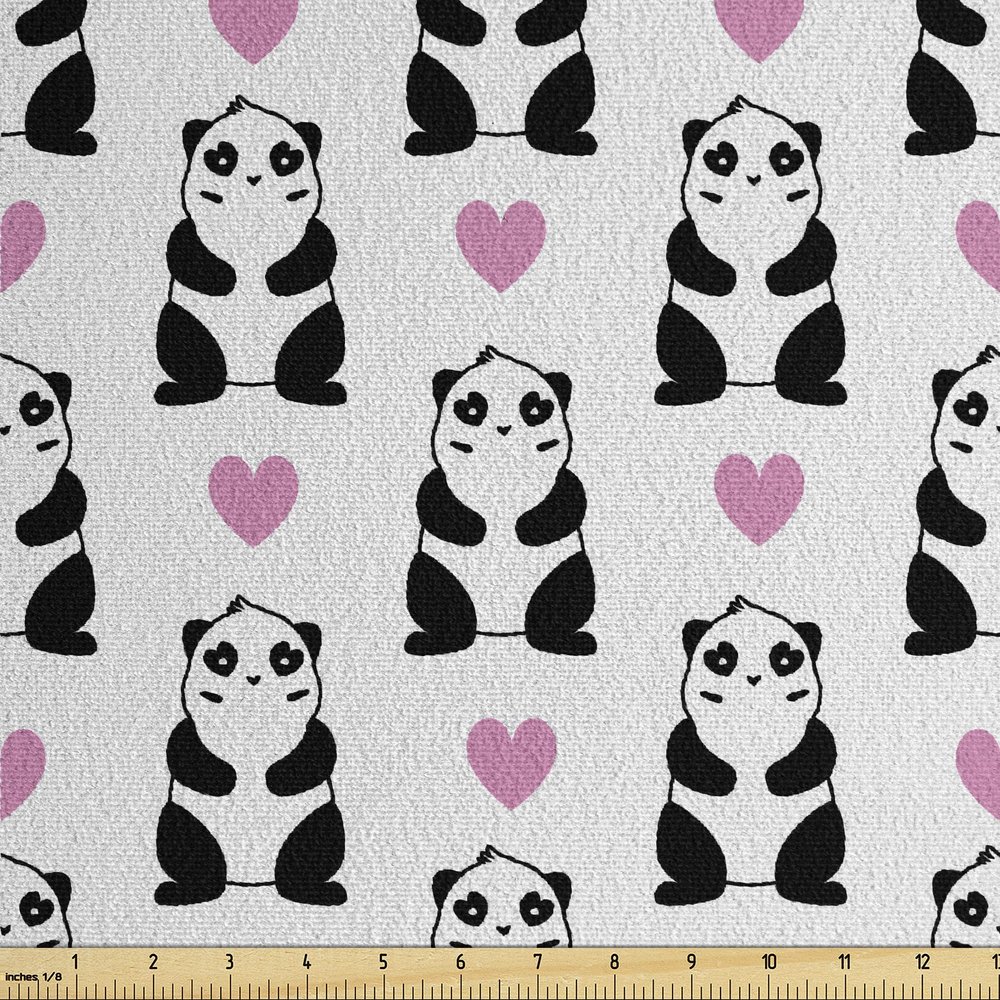 Ambesonne Valentine's Day Faux Suede Fabric by The Yard, Romantic Pandas Hearts Doodle Love Theme Art Pattern, for Indoor Outdoor DIY Projects Upholstery, 5 Yards, Charcoal Grey Pink and White