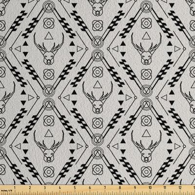 Ambesonne Ethnic Faux Suede Fabric by The Yard, Abstract Tribal Elements Along Deer Heads Image Triangles and Circles, for Indoor Outdoor DIY Projects Upholstery, 3 Yards, Pearl and Charcoal Grey