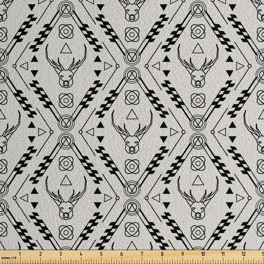 Ambesonne Ethnic Faux Suede Fabric by The Yard, Abstract Tribal Elements Along Deer Heads Image Triangles and Circles, for Indoor Outdoor DIY Projects Upholstery, 3 Yards, Pearl and Charcoal Grey