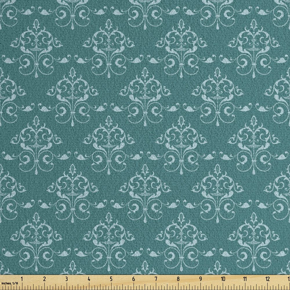 Ambesonne Victorian Faux Suede Fabric by The Yard, Repetitive Floral Ornamentals Curvy Blossom Inspired Motifs Illustration, for Indoor Outdoor DIY Projects Upholstery, 3 Yards, Teal and Pale Blue