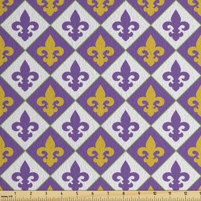 Ambesonne Fleur De Lis Faux Suede Fabric by The Yard, Modern Medieval Motif Abstract Vibrant Geometric Mardi Gras, for Indoor Outdoor DIY Projects Upholstery, 2 Yards, Purple Earth Yellow