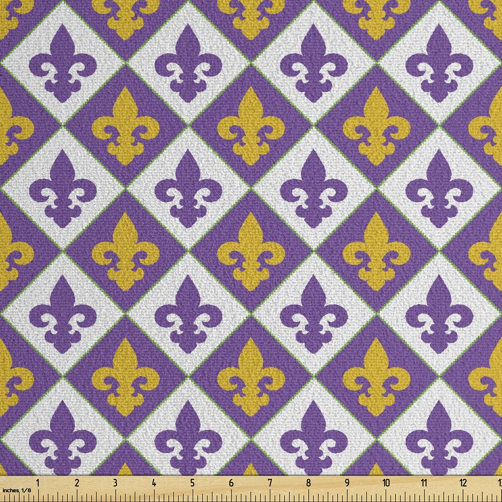 Ambesonne Fleur De Lis Faux Suede Fabric by The Yard, Modern Medieval Motif Abstract Vibrant Geometric Mardi Gras, for Indoor Outdoor DIY Projects Upholstery, 2 Yards, Purple Earth Yellow
