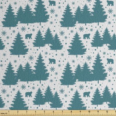 Ambesonne Christmas Faux Suede Fabric by The Yard, Monochrome Winter Season Pine Trees Bears Snowflakes Noel Yule Theme, for Indoor Outdoor DIY Projects Upholstery, 5 Yards, Petrol Blue and White